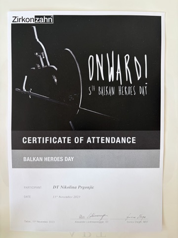 Sertifikat · Onward · 5th Balkan Heroes Day, 11. novembar 2023